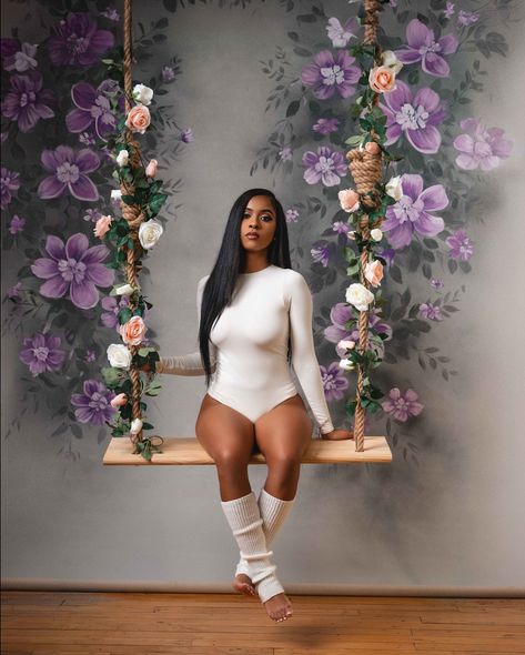 “In full bloom, swinging through life 🌷💖” Model @adore.jaelyn_ Photo @henry.juliao Assistant @bellernytc MUA @rahzbeautymix Hair @angelsglowsalon Studio Photoshoot Ideas With Flowers, Floral Photoshoot Black Women, Flower Photoshoot Black Women, Studio Shoot With Flowers, Photoshoot In Studio With Flowers, Bodysuit Photoshoot Ideas, Photoshoot With Flowers Black Woman, College Graduation Pictures Poses, Cute Birthday Pictures