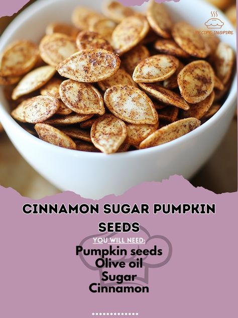 🎃🥜 Crunch into fall with Cinnamon Sugar Pumpkin Seeds! A deliciously sweet and spicy snack to enjoy anytime! #FallSnacks Cinnamon Sugar Pumpkin Seeds Ingredients: Pumpkin seeds (1 cup, raw) Olive oil (1 tbsp) Sugar (1/4 cup) Cinnamon (1 tsp) Salt (1/2 tsp) Nutmeg (1/4 tsp) Instructions: Preheat the oven to 350°F (175°C). Rinse and dry the pumpkin seeds. In a bowl, combine seeds, olive oil, sugar, cinnamon, salt, and nutmeg. Spread the mixture on a baking sheet in a single layer. Bake for ... Cinnamon Sugar Pumpkin Seeds, Pumpkin Seeds Cinnamon, Spicy Pumpkin Seeds, Pumpkin Seeds Baked, Sweet Pumpkin Seeds, Sweet N Spicy, Pumpkin Seed Recipes, Fall Snacks, Toasted Pumpkin Seeds