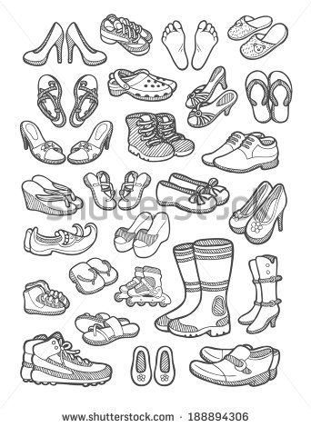 Shoes icons sketch. Hand drawing objects, male and female shoes, sandals, feet, etc. - stock vector Converse Drawing, Drawing Objects, Magazine Design Inspiration, Chibi Body, Draw Doodle, Cartoon Shoes, Character Model Sheet, Object Drawing, Female Shoes