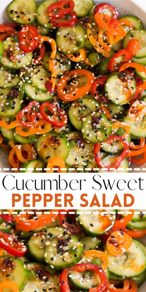 This Cucumber Sweet Pepper Salad is a viral TikTok sensation for good reason! Made with fresh cucumbers, sweet mini peppers, bagel seasoning, chili crunch, and ginger dressing … this crunchy, colorful salad is ready in 5 minutes. It is perfectly sweet, savory, and spicy! Enjoy this refreshing raw veggie dish as a side or a snack! Sweet Pepper Side Dish Recipes, Cucumber Banana Pepper Salad, Eating Healthier For Beginners, Cucumber Bell Pepper Salad Recipes, Viral Sweet Pepper And Cucumber Salad, Cucumber Green Pepper Salad, Cucumber Crunch Salad, Peppers And Cucumber Salad, Easy Veggie Salad Recipes