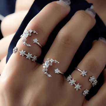 fashion SOLO PER TE 327513 - NEWCHIC Mobile Fashion Ring Set, Celestial Ring, Moon And Star Ring, Boho Crystal, Knuckle Ring, Geometric Ring, Knuckle Rings, Gem Ring, Crystal Stars