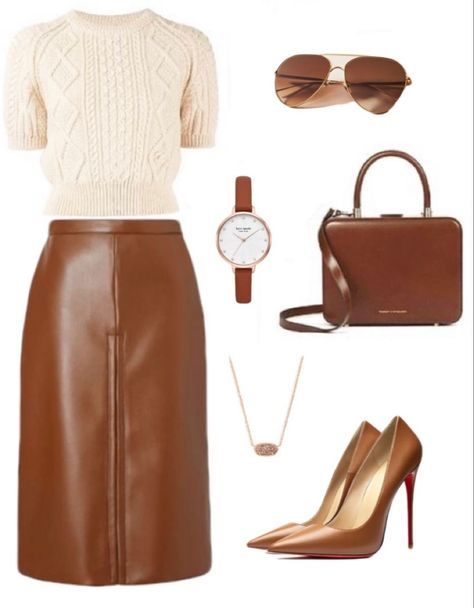 Brown Leather Skirt, Chique Outfit, Stylish Work Outfits, Church Outfits, Looks Chic, Fall Fashion Outfits, Work Attire, Winter Fashion Outfits, Boots Outfit