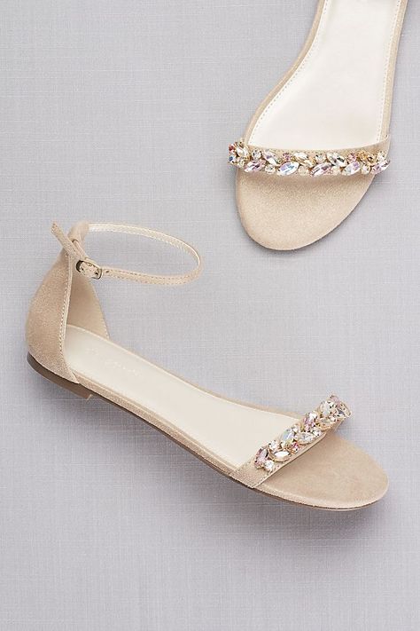 Faux-Suede Gem Strap Flat Sandals | David's Bridal Cowgirl Boots Wedding, Fashion Sandals Flat, Fancy Sandals, Homecoming Shoes, Wedding Boots, Wedding Shoes Flats, Bridal Sandals, Bridal Shoes Flats, Shoes Flats Sandals