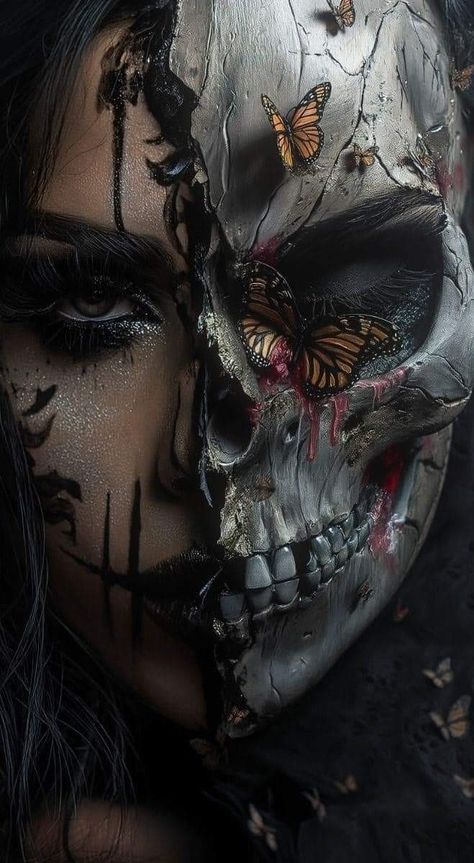 Half Skull Half Face Art, Oracle Aesthetic Dark, Half Skull Face, Skull Artwork Illustrations, Gothic Tattoos, Dark Gothic Art, Catrina Tattoo, Butterfly Skull, Gothic Elegance