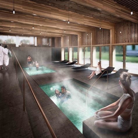 Image courtesy of Bodega & Piedrafita Architects. Home Spa Room, Piscina Interior, Sauna Design, Architecture Sketchbook, Public Bath, Thermal Bath, Spa Design, Spa Tub, Classical Architecture