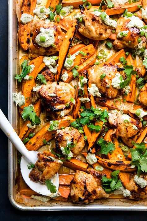 This sweet-and-spicy sheet pan chicken thigh recipe is the stuff healthy weeknight supper dreams are made of. Chili Honey Chicken, Honey Chicken Thighs, Chicken Sweet Potatoes, Chicken Thighs Dinner, Chicken Thigh Recipe, The Modern Proper, Modern Proper, Potato Dinner, Sheet Pan Chicken