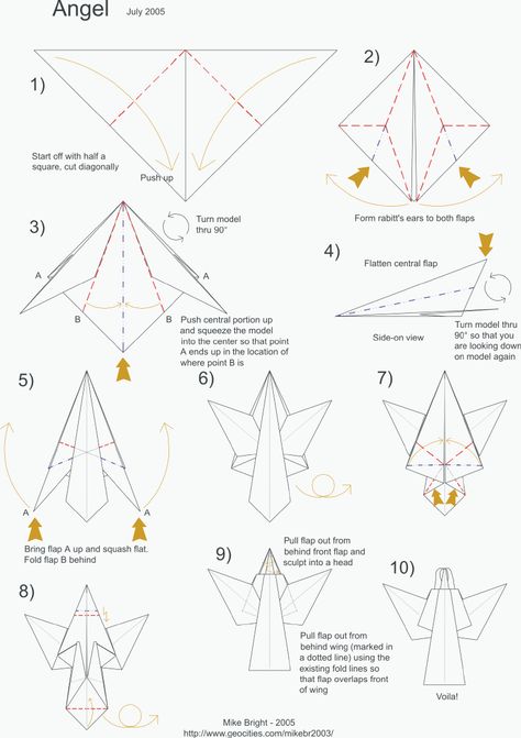 angel origami Origami Nativity, Ornament Origami, Origami Angel, Angel Tutorial, Origami Paper Folding, Paper Angel, Diy Nativity, Origami Decoration, Origami Models