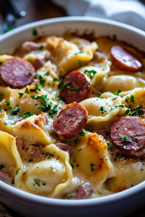 Easy Crockpot Pierogi Casserole with Kielbasa Sausage And Perogies Recipes Crockpot, Ww Kielbasa Recipes, Easy Crockpot Sausage Recipes, Slow Cooker Pierogies, Kielbasa Pierogies Crockpot, Perogie And Kielbasa, Sausage And Perogies Casserole, Pork Sausage Links Recipes Dinner, Perogies In Crockpot