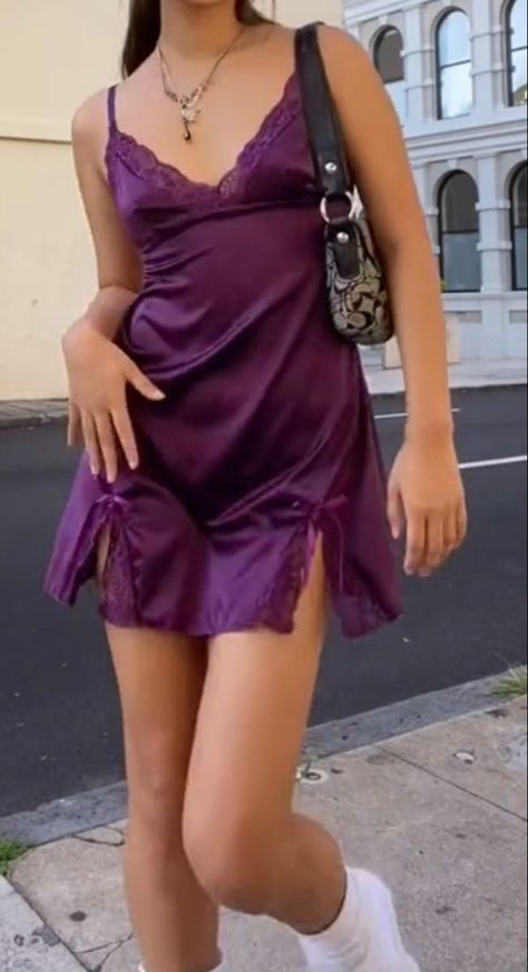 Slip On Dress Aesthetic, Slip Dresses Aesthetic, Purple Chic Outfit, Short Slip Dress Outfit Night, Purple Slip Dress Outfit, Short Slip Dress Outfit, Purple Dress Aesthetic, Slip Dress Aesthetic, Purple Dress Short