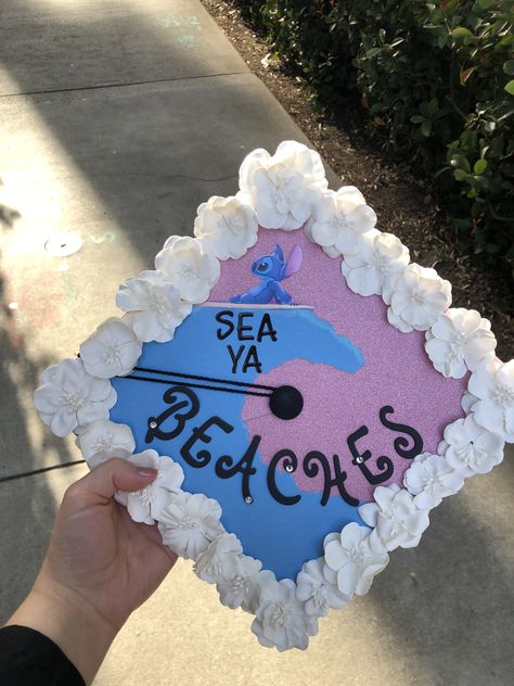 Graduation Cap Decoration Lilo And Stitch, Grad Cap Ideas Stitch, Graduation Cap Designs Up Disney, Graduation Cap Designs Lilo And Stitch, College Grad Cap Ideas Disney, Graduation Cap Designs Pretty, Graduation Cap Stitch, Stitch Cap Graduation, Graduation Cap Designs Stitch