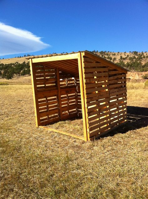 Build Things From Pallets shed | livestock pallet barn in a temporary pasture at Mountain Sky Ranch Pasture Shelter, Goat Shelter, Pallet Barn, Hay Storage, Sky Ranch, Pallet Building, Horse Shelter, Pallet Shed, Mountain Sky