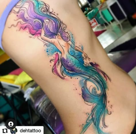 Watercolor Mermaid Tattoo, Mermaid Tail Tattoo, Mermaid Sleeve Tattoos, Tail Tattoo, Siren Tattoo, Mermaid Tattoo Designs, Theme Tattoo, Mermaid Tattoo, Tatuaje A Color