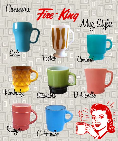 Common Fire King Mug Styles — Vintage Virtue Fire King Dishes, Pyrex Collection, Living Tv, Vintage Dishware, Vintage Fire King, Vintage Kitchenware, Beating Heart, Mug Design, Vintage Dishes