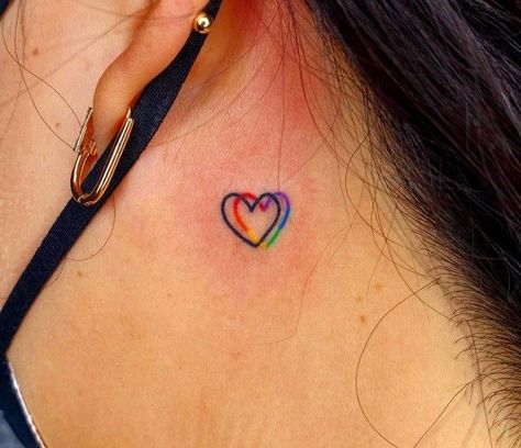 Rainbow Behind Ear Tattoo, Rainbow Tattoo Behind Ear, Small Rainbow Tattoo Simple, Small Lesbian Tattoos, Rainbow Ear Tattoo, Bi Tattoos For Women, Small Rainbow Tattoo, Small Heart Tattoos For Women, Subtle Pride Tattoo