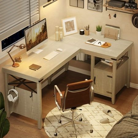 Corner Desk With Shelves, Storage Cabinet Office, Small Room Desk, Home Office Farmhouse, Computer Desk Home Office, Computer Desk With Storage, Small Computer Desk, Rug Placement, Farmhouse Desk