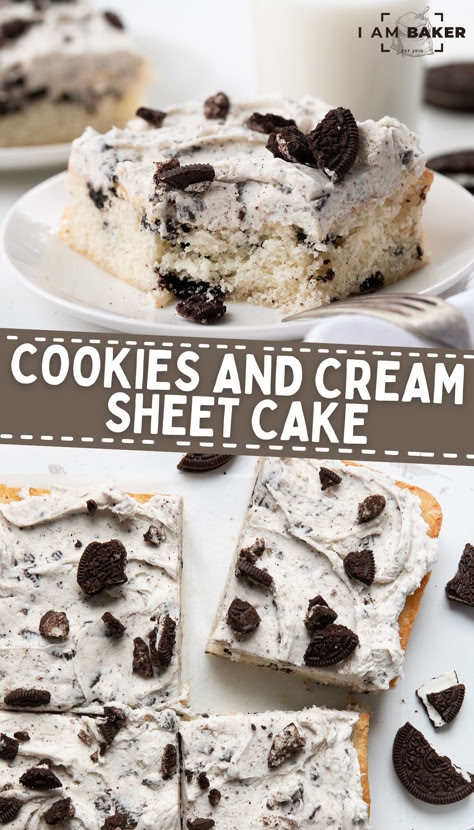 cookies and cream cake on a plate and a countertop Oreo Deserts, Cooking Hobby, Oreo Cookie Cake, Cookies And Cream Cake, Cherry Cookies, Toffee Cookies, Frozen Cookies, Sheet Cake Recipes, Cookies N Cream Cookies