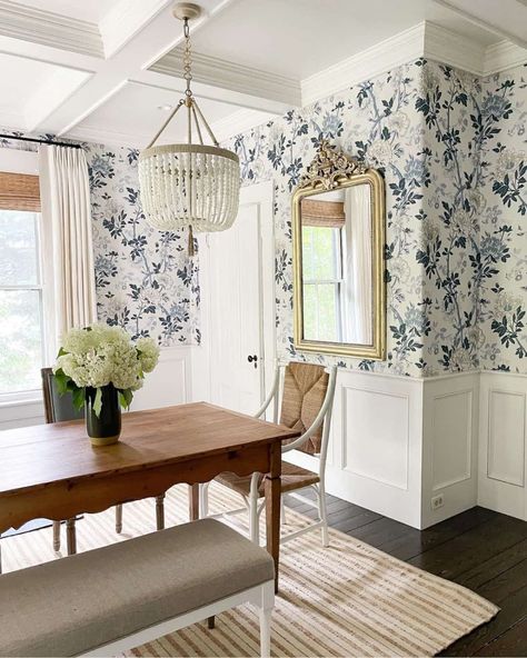 Blue Floral Wallpaper and Short White Half Wall Wainscotting - Soul & Lane Half Wallpaper, Finding Lovely, White Wainscoting, Blue Floral Wallpaper, Wood Dining Room Table, Dining Room Wallpaper, Wood Dining Room, Up House, Botanical Wallpaper