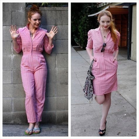 Refashion an 80s jumpsuit into a cute dress with this tutorial on Cut Out and Keep. Clothing Recycling, Nice Jumpsuits, 80s Jumpsuit, Upcycling Clothes, Make A Dress, Recycled Dress, Repurposed Clothing, Make Your Own Clothes, Handmade Wardrobe