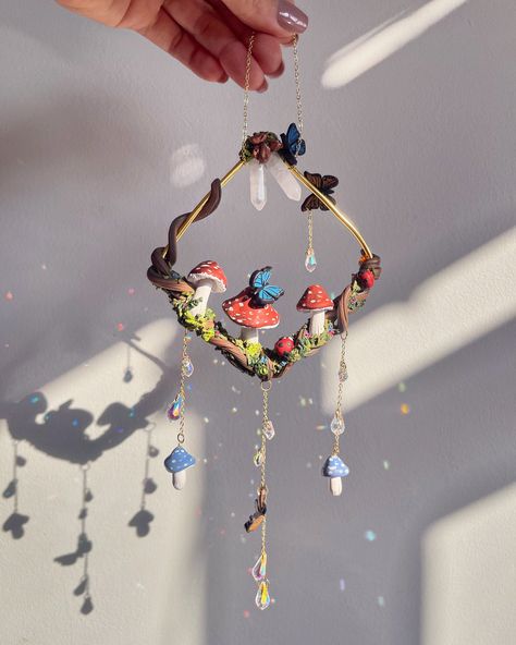 My sun-catcher is sun catching, I’m obsessed with this piece!!!☀️🐞 Clay Sun Catcher, Clay Suncatcher, Polymer Clay Sun, Clay Sun, Sun Catcher, Gold Plated Chains, Suncatchers, Polymer Clay, Sun