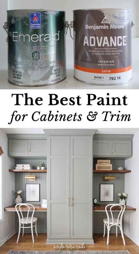 Learn about the best best paint for trim and cabinets that provides a professional finish. And learn the best brand of paint for kitchen cabinets, laminate cabinets, wood cabinets, trim, IKEA furniture and more! Best Paint Finish For Kitchen Cabinets, Paint Finish For Cabinets, Sherwin Williams Cabinet Paint, Kitchen Cabinets Laminate, Best Paint For Cabinets, Best Paint For Trim, Door And Trim Paint, Best Paint Brand, Paint For Kitchen Cabinets