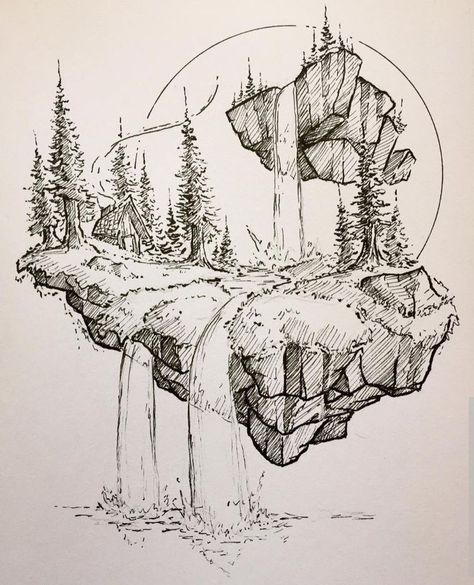 Island Sketch, Flying Island, 3d Monster, Monster Ideas, Monster Drawing, Nature Drawing, Arte Sketchbook, Pencil Art Drawings, Landscape Drawings