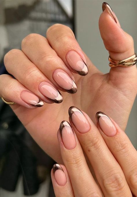 Bronze Nails Designs, Chrome Tip Nails, Bronze Nails, Bridesmaids Nails, Chrome Nail Art, Milky Nails, Chrome Nails Designs, Chrome Nail, Minimal Nails