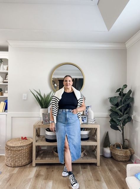 On the fence about the denim midi skirt trend? Maybe a few of these looks I put together will inspire you to try the trend out =) #midiskitrt #denimskirt #denimmidiskirt #mommyinheels #mommyinheelsblog #blog #fashionblog #fashion #dailylooks #dailystyle #momfashion #momstyle #everydaylook #casualfashion #sneakers #converse #fallfashion Denim Skirt And Sneakers Outfit, Long Skirt With Sneakers, Denim Skirt Outfit Plus Size, Plus Size Denim Skirt Outfit, Long Denim Skirt Outfits, Skirt Outfits For Women, Mommy In Heels, Denim Midi Skirt Outfit, Long Denim Skirt Outfit