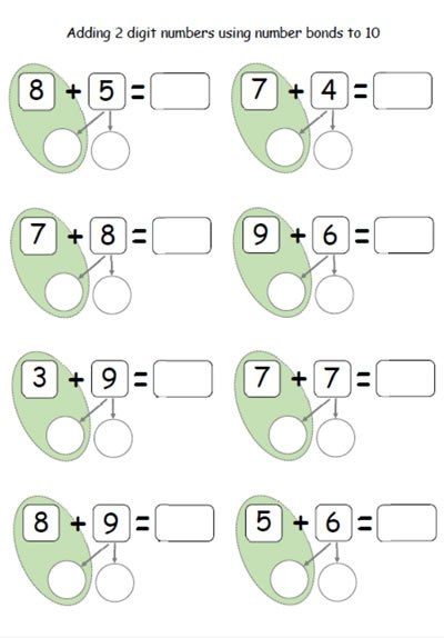 Optellen tot 20 met brug Adding 2 Digit Numbers, Adding To 10, Number Bonds To 10, Number Worksheet, First Grade Math Worksheets, Number Bonds, 1st Grade Math Worksheets, Math School, Free Math Worksheets