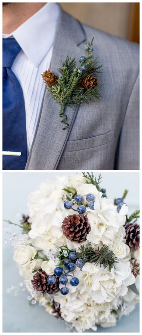 Winter wedding floral inspiration with white flowers and blue berries, plus evergreen sprigs and pinecones Light Purple Winter Wedding, Frosty Wedding Theme, Frosted Winter Wedding, Immaculate Conception Church, Evergreen Wedding, Plaid Wedding, Blue Winter Wedding, Urban Wedding Venue, Winter Wedding Bouquet