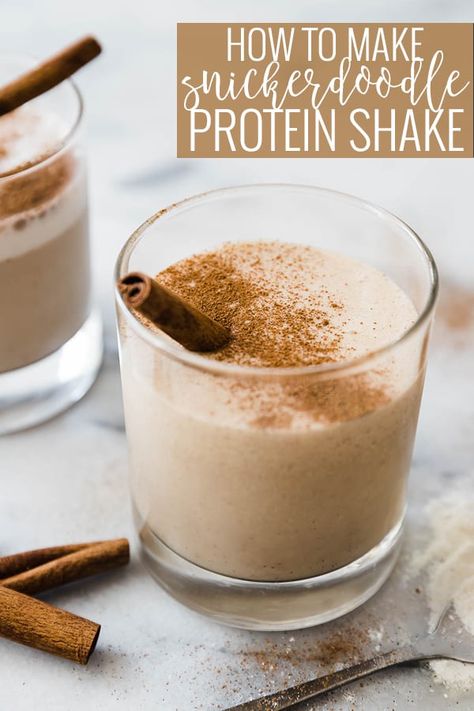 Smooth vanilla protein shake combined with peanut butter, banana, cinnamon, and a touch of honey - for the flavor of a snickerdoodle cookie. This snickerdoodle protein shake is not only delicious with a spiced vanilla flavor, but it is made in seconds in the blender. || Oh So Delicioso Snickerdoodle Protein Shake, Protein Powder Drink Recipes, Vanilla Protein Shake Recipes, Protein Shake Drinks, Vanilla Protein Shake, Shakes Recipes, Shake Ideas, Healthy Protein Shakes, Vanilla Protein Shakes