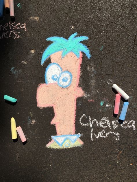 Phineas and Ferb Chalk Phineas And Ferb Chalk Art, Chalk Art Cartoon Characters, Chalk Characters, Chalk Art Disney, Chalk Disney Art, Easy Sidewalk Chalk Art Ideas Disney, Easy Chalk Art, Chalk Doodles, Easy Chalk Drawings