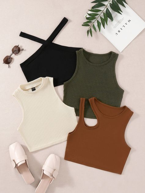 Multicolor Casual   Polyester Plain Tank Embellished Slight Stretch Summer Women Tops, Blouses & Tee Knitted Crop Tank Top, Look Legging, Casual Tanks, Casual Shirt Women, Tumblr Outfits, Halter Tank, Women Tank Tops, Crop Top Outfits, Crop Top Shirts