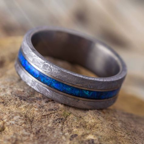 Opal Wedding Ring Boy, Blue Wedding Band, Blue Wedding Rings, Gibeon Meteorite, Meteorite Jewelry, Wedding Ring For Him, Unique Mens Rings, Sapphire Wedding Band, Men's Wedding Ring