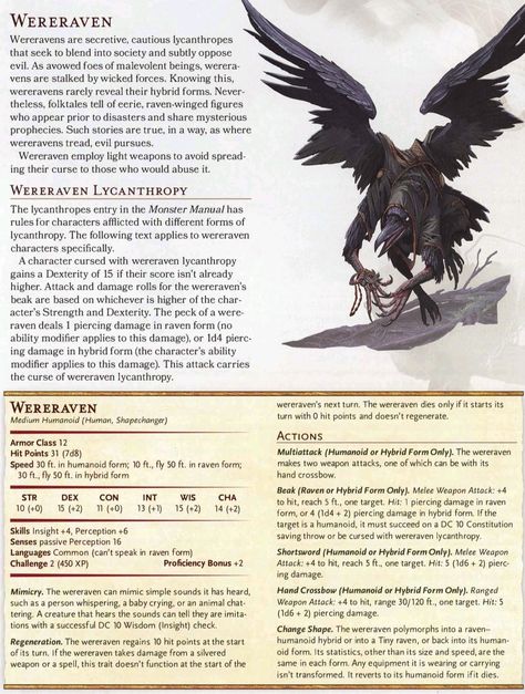 Dnd Wereraven, Dnd 5e Homebrew Monsters Low Level, Dnd Revenant, Dnd Monster, Flying Monsters, Dnd Stats, Dnd World Map, Mythical Monsters, Dungeon Master's Guide