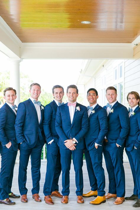 Navy Blue Suits with Brown Shoes | Dana Cubbage Weddings | Charleston, SC Brown Suit Groomsmen, Blue Suit Brown Shoes, Navy Wedding Decorations, Navy Blue Tux, Navy Blue Suits, Suit Groomsmen, Blue Groomsmen, Blue Tux, Navy Suit Wedding