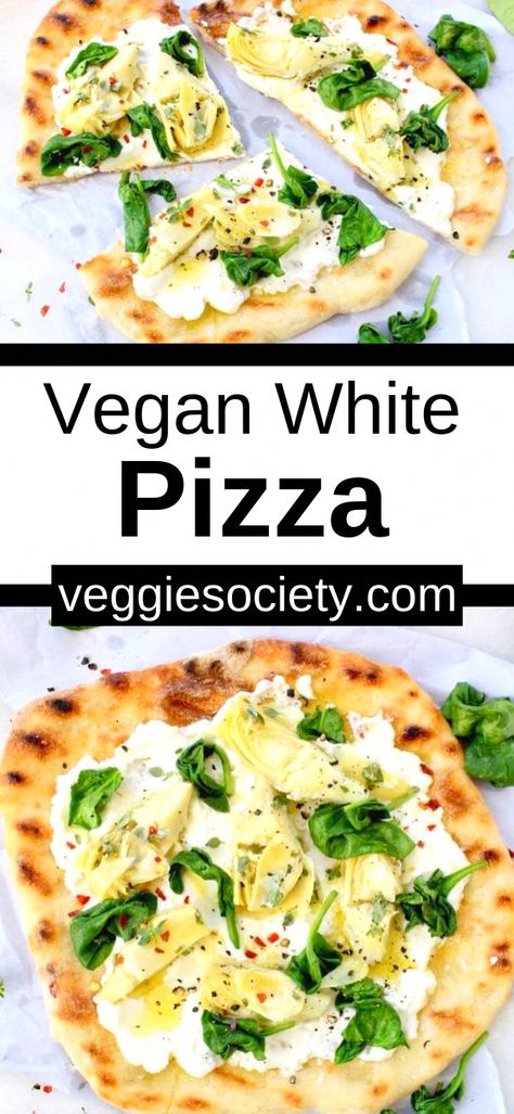 Vegan White Pizza, Cashew Ricotta Cheese, Pizza Dips, White Pizza Recipe, Pizza Blanca, Spinach Artichoke Pizza, Cashew Ricotta, Recipe With Garlic, Artichoke Pizza