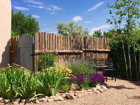 Coyote Fence New Mexico, Latilla Fence, Ocotillo Fence, Southwest Courtyard, Coyote Fence, Natural Fences, Trailer Patio, Casita Plans, Santa Fe Design