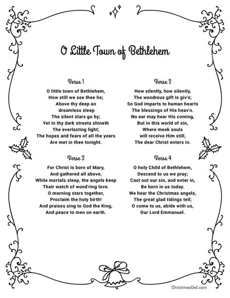 Free printable lyrics for O Little Town of Bethlehem. Download them at https://christmasowl.com/download/lyrics/o-little-town-of-bethlehem/ Oh Little Town Of Bethlehem, Funny Quiz, Christmas Hymns, Christmas Carols Lyrics, O Little Town Of Bethlehem, Christmas Carols Songs, In The Bleak Midwinter, Xmas Carols, Little Town Of Bethlehem