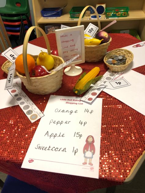 Find the items on the shopping list and find the correct coins Red Riding Hood Eyfs, Little Red Riding Hood Eyfs, Eyfs Books, Little Red Riding Hood Activities, Nursery Activity Ideas, Book Themed Activities, Red Riding Hood Story, Reception Classroom, Fairy Tales Unit