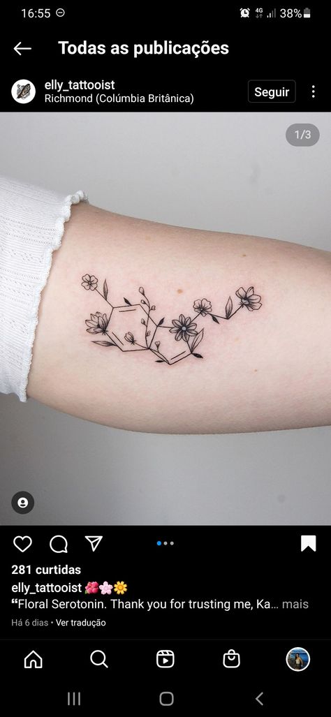 Serotonin Floral Tattoo, Cortisol Molecule Tattoo, Flower Serotonin Tattoo, Dopamine Floral Tattoo, Serotonin Flower Tattoo, Seratonin Small Tattoo With Flowers, Floral Serotonin Molecule Tattoo, Serotonin Tattoos Creative, Serotonin Molecule Tattoo Flower