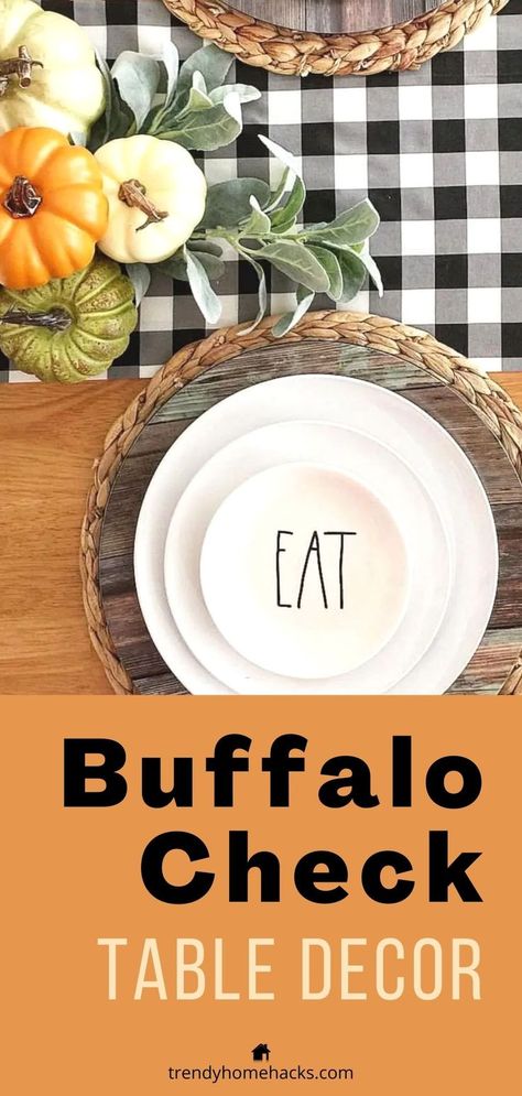 Buffalo check can be used to achieve a timeless and cozy dining table decor irrespective of the season. Find such decor ideas and more on the blog. Buffalo Check Centerpieces, Black And White Check Table Setting, Buffalo Plaid Fall Table Decor, Black And White Buffalo Plaid Table Setting, Buffalo Check Thanksgiving Table, Black And White Thanksgiving Tablescapes, Buffalo Plaid Thanksgiving Table, Buffalo Plaid Table Setting, Buffalo Check Table Setting