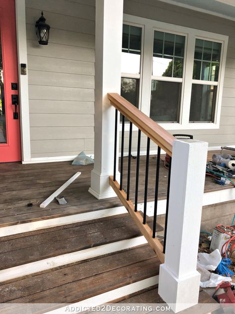 How To Build Porch Steps, Build Porch, Porch Step Railing, Porch Handrails, Front Porch Posts, Front Porch Railings, Big Porch, Front Porch Steps, Porch Stairs