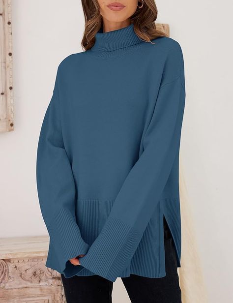 Women's 2023 Fall Sweaters Turtleneck Long Sleeve Oversized Split Hem Knitted Tunic Pullover Jumper Tops Knit Tunic, Winter Sweaters, Jumper Sweater, Split Hem, Fall Sweaters, Knitted Pullover, Turtleneck Sweater, Sweater Top, Jumper