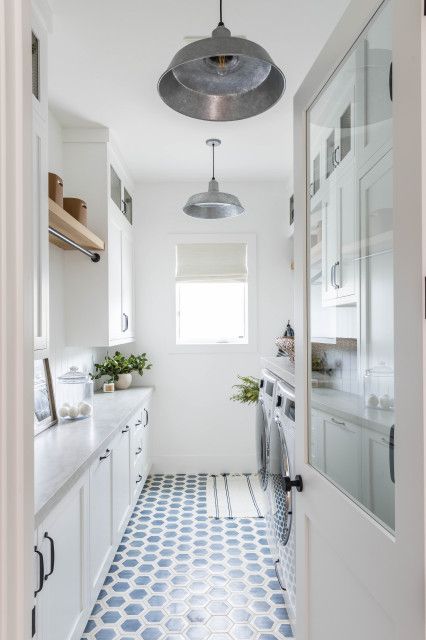 Narrow Laundry, Mudroom Laundry Room Ideas, Transitional Laundry Room, Pink Laundry Rooms, Narrow Laundry Room, Grey Laundry Rooms, Beach Style Bedroom, Custom Laundry Room, Pure Salt Interiors