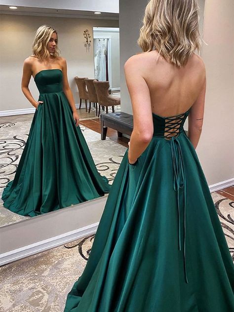 Prom Dresses With Pockets, Long Prom Dresses, A Line Prom Dresses, Color Number, Prom Dresses Lace, Green Satin, Long Prom Dress, Formal Evening Dresses, Prom Dresses Long