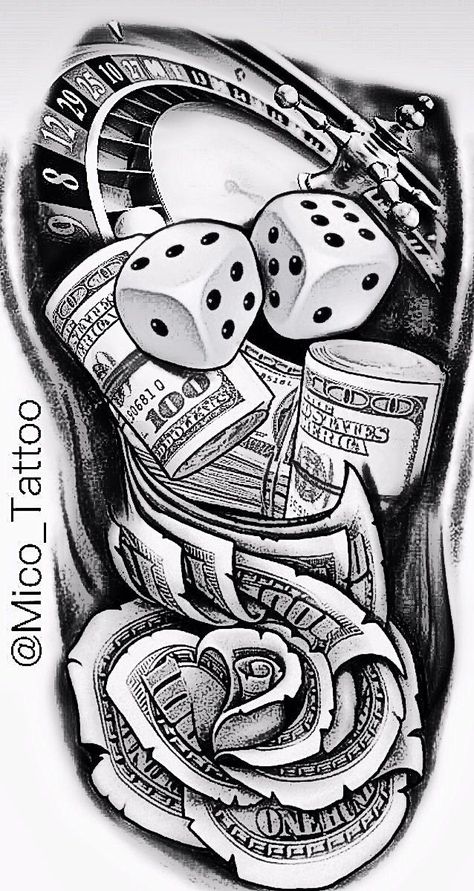 Tattoo Designs Money, Tattoo Time Lapse, Money Rose Tattoo, Tattoo Half Sleeve, Tattoo Mafia, Dollar Tattoo, Full Neck Tattoos, Playing Card Tattoos, Casino Tattoo