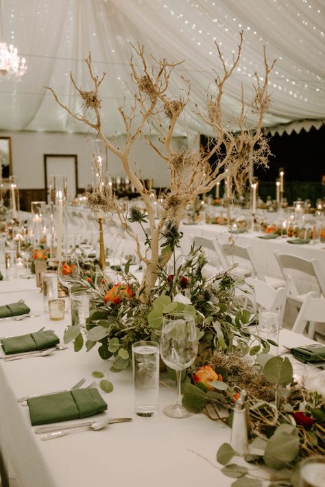 Enchated forest geek wedding inspiration, under the twinkle lights in a tent. Branches and greenery on wedding tables. #geekwedding #nerdwedding #enchantedforestwedding #themewedding #nontraditionalwedding #headpiece #weddingaccessory #tabledecor #weddingtable #plussizebride #readwedding #strutbridal Enchanted Forest Wedding Tent, Enchanted Forest Wedding Table, Enchanted Forest Wedding Centerpieces, Forest Wedding Centerpieces, Forest Wedding Table Decor, Indoor Forest Wedding, Forest Wedding Table, Woodland Reception, Enchanted Forest Quinceanera Theme