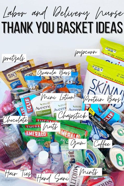 Saving this for later! A HUGE list of items you can put in labor and delivery nurse baskets or thank you bags! L&D Nurse thank you gift ideas Goodie Basket For Labor And Delivery Nurses, Thank You Basket For Hospital Staff, Gift Basket For Nicu Nurses, Thank You Gifts For Labor And Delivery Nurses, Nurse Hospital Gifts, Ob Thank You Basket, L And D Nurse Gifts, Gifts For Ob Nurses Thank You, Thank You Gift Basket For Hospital Staff