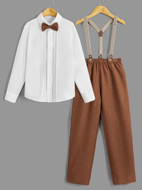 SHEIN Boys Bow Front Shirt & Suspender Pants | SHEIN USA Wonka Candy, Candy Kids, Pants For Boys, Shein Kids, Enchanted Forest Wedding, Suspender Pants, Kids Candy, Brown Pants, Forest Wedding