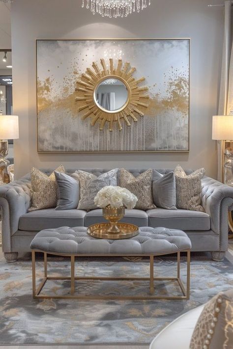 Grey And Gold Decor Living Room, Gray And Gold Home Decor, Grey Gold Living Room Ideas, Grey Couch Gold Accents, Grey And Gold Living Room Decor, Grey And Gold Living Room Ideas, Gray And Gold Living Room Decor, Gold And Grey Living Room, Room Ideas Glam